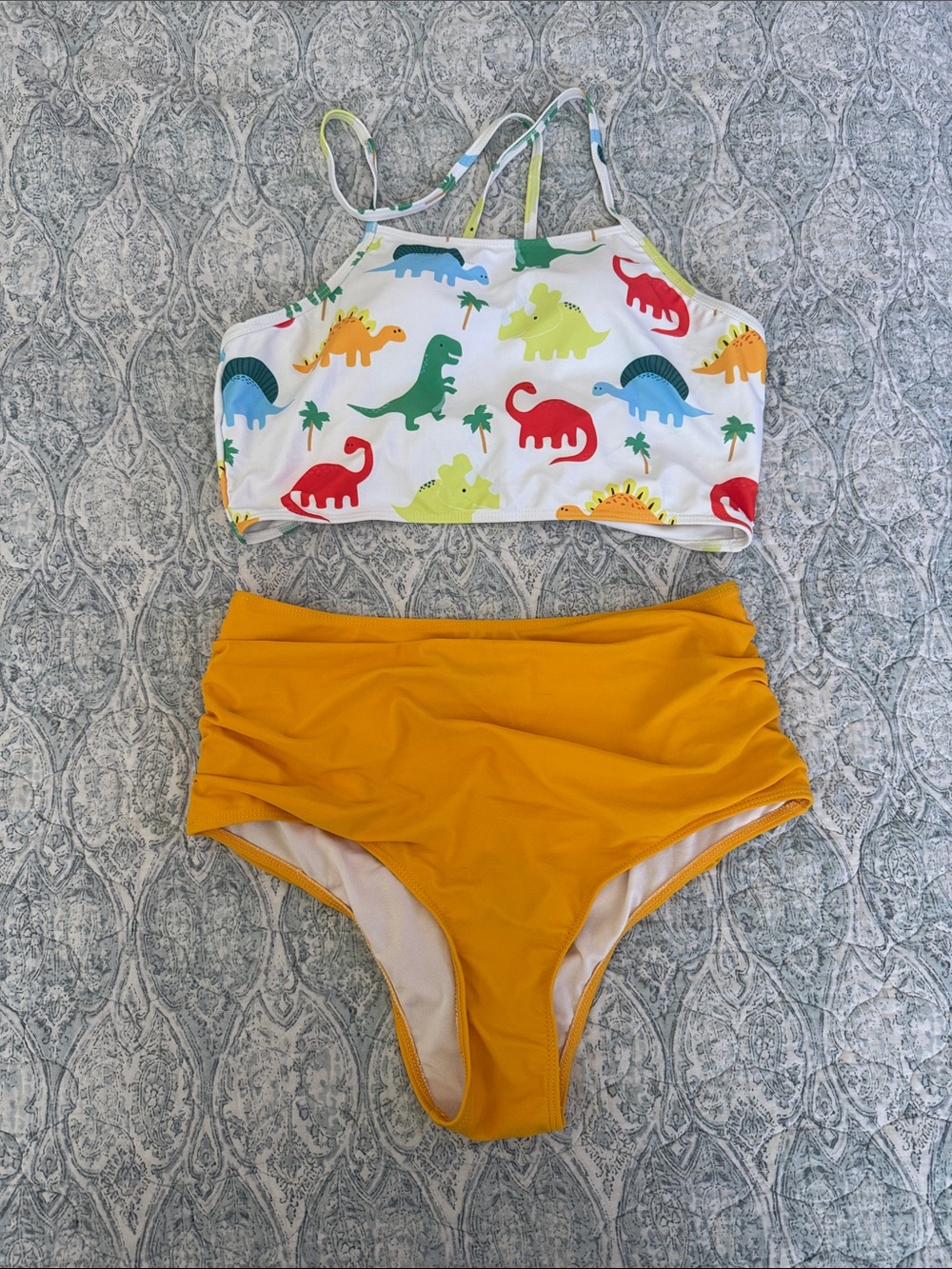 Zaful White Dinosaur Print Lace-Up Bikini Top with Multicolor Dinosaurs